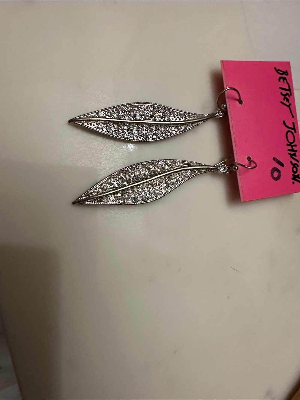 Beautiful Betsey Johnson Silver Crystal Drop Leaf Dangle Earrings